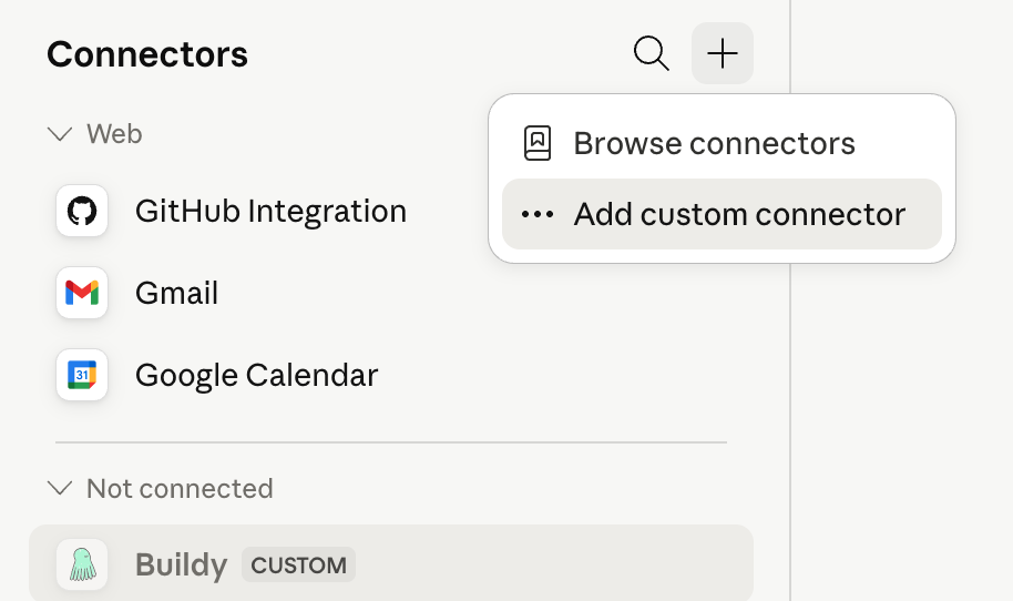 Claude connectors plus menu with Add custom connector