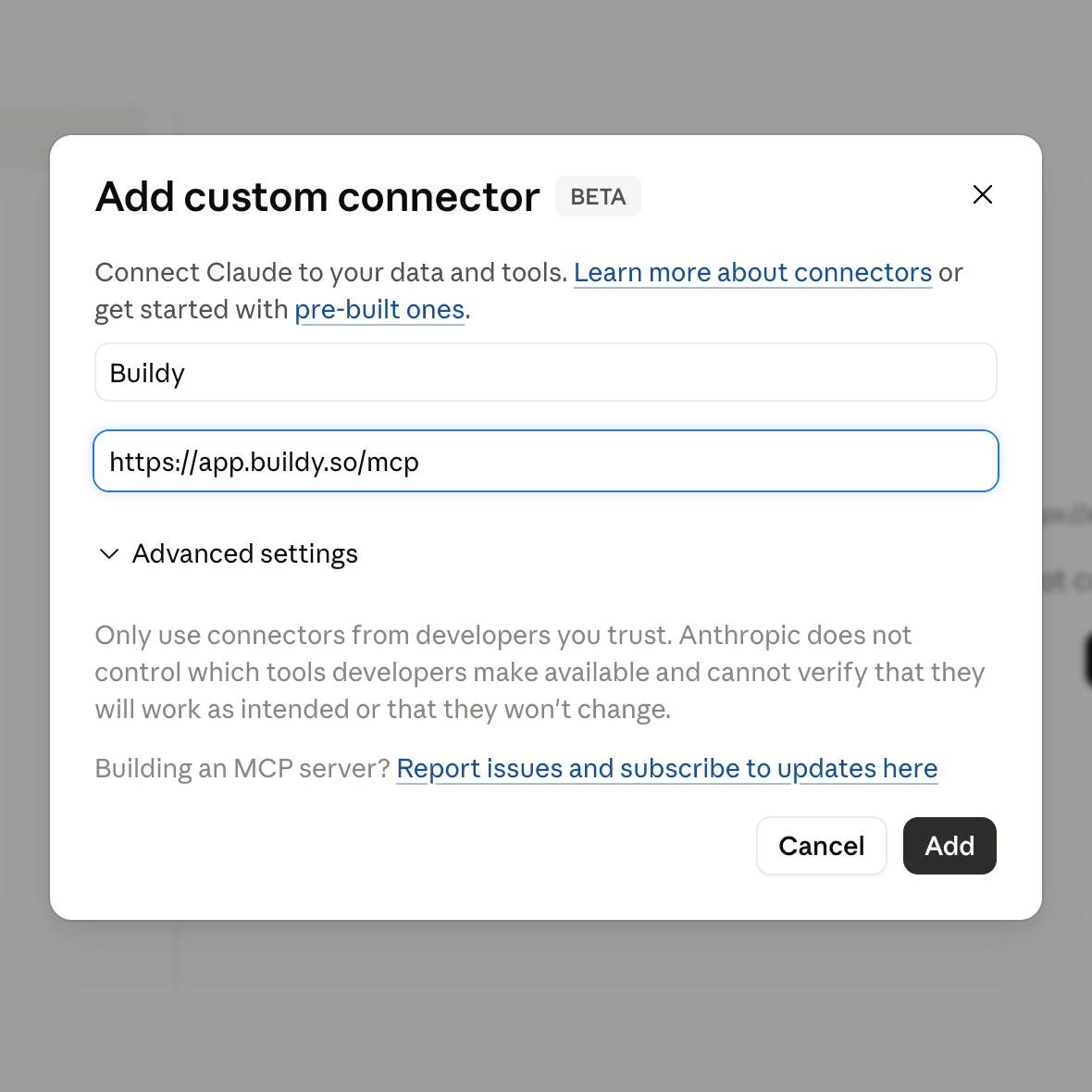 Claude Add custom connector dialog with Charming URL